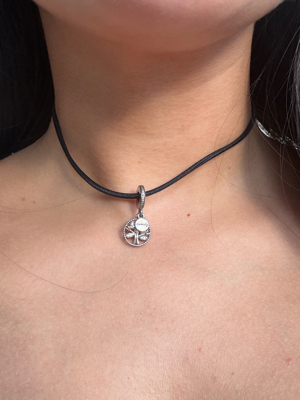 Pandora Leather Adjustable Black Cord Choker with Sterling Silver Pendant